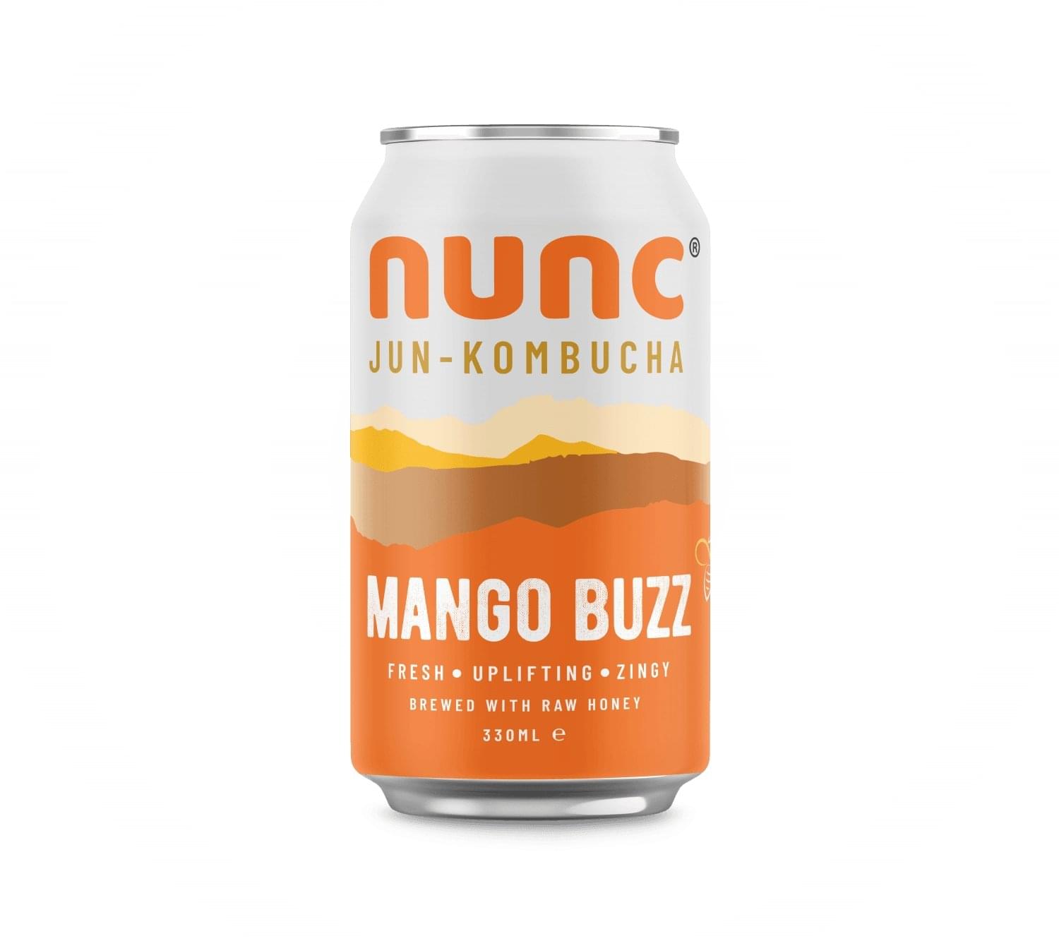 Nunc’s award winning Mango Buzz kombucha tea drinks is flavoured with Mango, ginger and turmeric